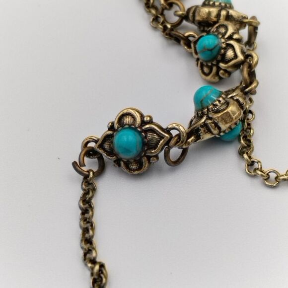 Gold Tone And Teal Turquoise Colored Floral Long Necklace 25 Inches‎ - Picture 2 of 8
